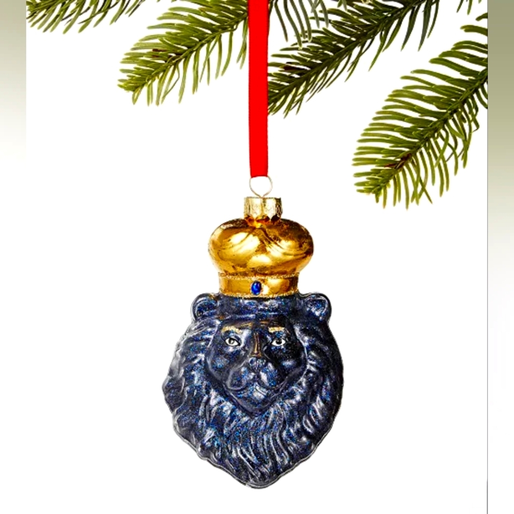 Macy's Holiday Lane Regal Blue Lion Head Christmas Ornament Gold Crown Set Of 11